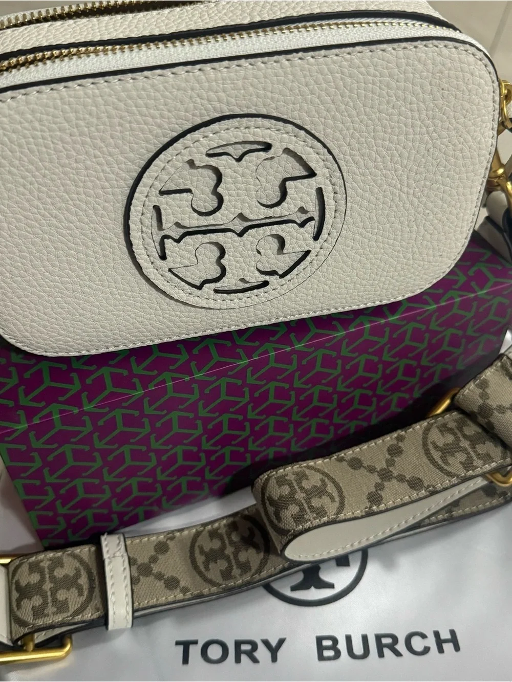 Tory Burch White Pebbled Leather Logo Crossbody